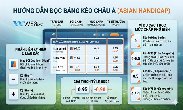 Hướng dẫn cách đọc bảng tỷ lệ kèo Châu Á tại W88 Pravoria